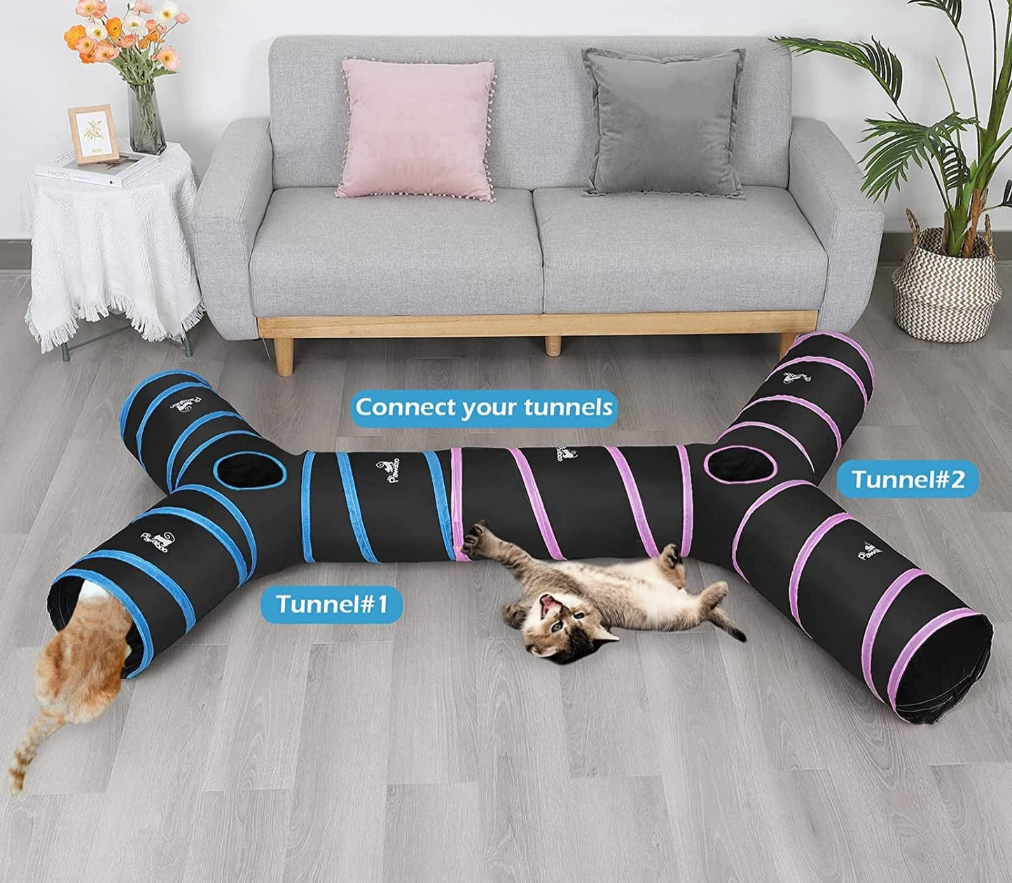 Cat Toys, Cat Tunnel Tube 3-Way Tunnels 25X40Cm Extensible Collapsible Cat Play Tent Interactive Toy Maze Cat House Bed with Balls and Bells for Cat Kitten Kitty Rabbit Small Animal, Blue