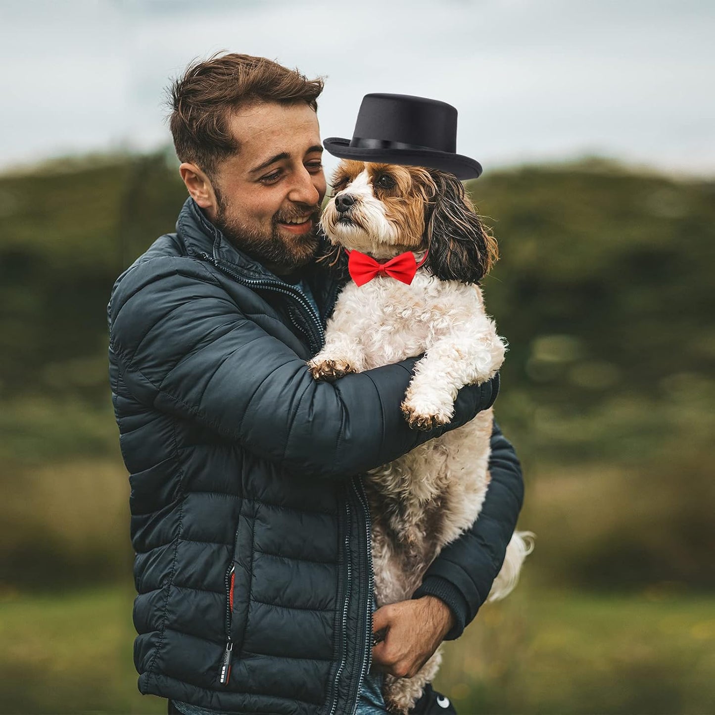 2 Pieces Pet Formal Accessories Set - Pet Top Hat with Pet Formal Necktie/Bowtie Birthday Party Gradation Halloween Costumes Accessories for Dog Cat (Red-A) One Size