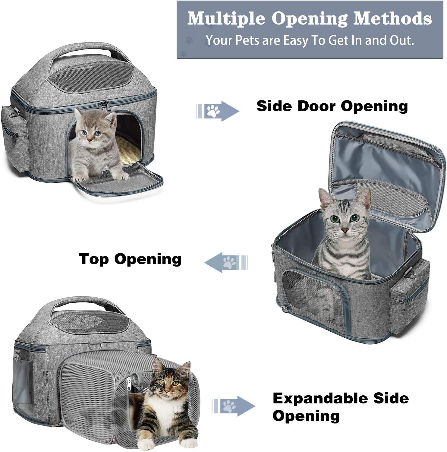 Expandable Pet Travel Bag, 3 Open Doors, Mesh Window and Escape-Proof Buckle, Airline Approved Soft-Sided Pet Travel Carrier for Small Medium Cats 16.5" L X 11.8" W X 14" H