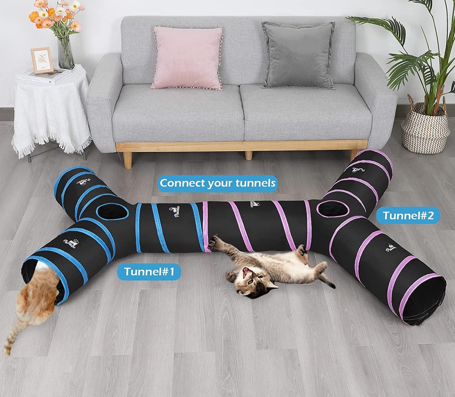 Cat Toys, Cat Tunnel Tube 3-Way Tunnels 25X40Cm Extensible Collapsible Cat Play Tent Interactive Toy Maze Cat House Bed with Balls and Bells for Cat Kitten Kitty Rabbit Small Animal, Blue
