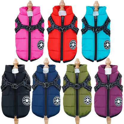Large Waterproof Winter Dog Jacket with Built-In Harness