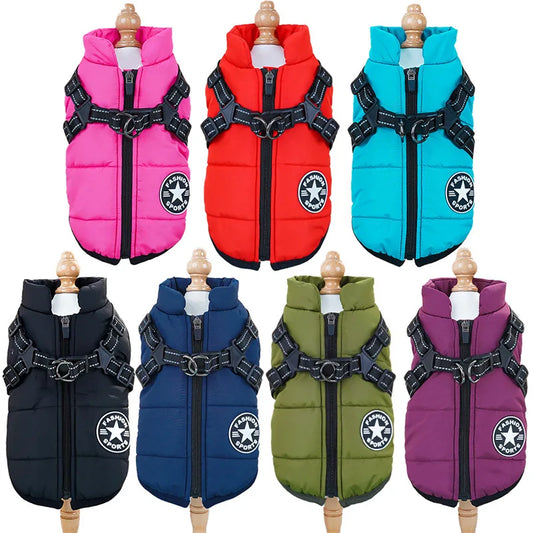 Large Waterproof Winter Dog Jacket with Built-In Harness