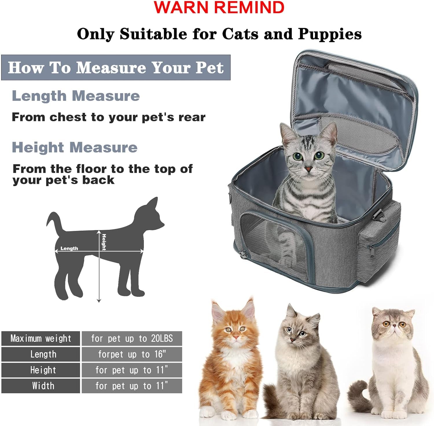 Expandable Pet Travel Bag, 3 Open Doors, Mesh Window and Escape-Proof Buckle, Airline Approved Soft-Sided Pet Travel Carrier for Small Medium Cats 16.5" L X 11.8" W X 14" H
