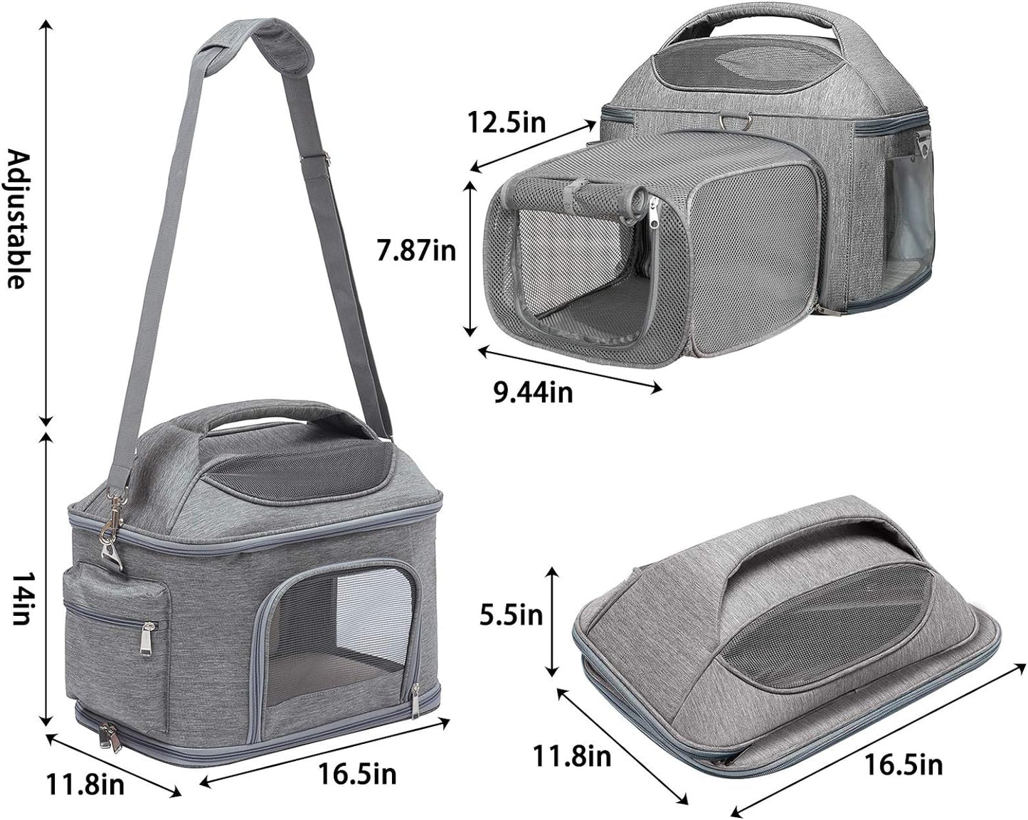 Expandable Pet Travel Bag, 3 Open Doors, Mesh Window and Escape-Proof Buckle, Airline Approved Soft-Sided Pet Travel Carrier for Small Medium Cats 16.5" L X 11.8" W X 14" H