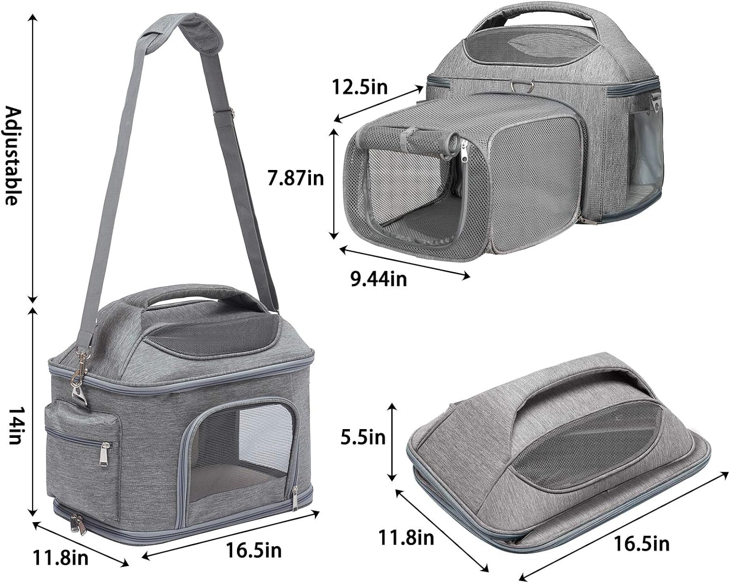 Expandable Pet Travel Bag, 3 Open Doors, Mesh Window and Escape-Proof Buckle, Airline Approved Soft-Sided Pet Travel Carrier for Small Medium Cats 16.5" L X 11.8" W X 14" H